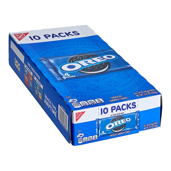 A blue and white box of Nabisco Oreo cookie snack packs.