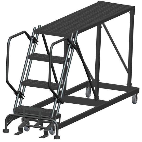 A black metal Ballymore work platform ladder with four steps.
