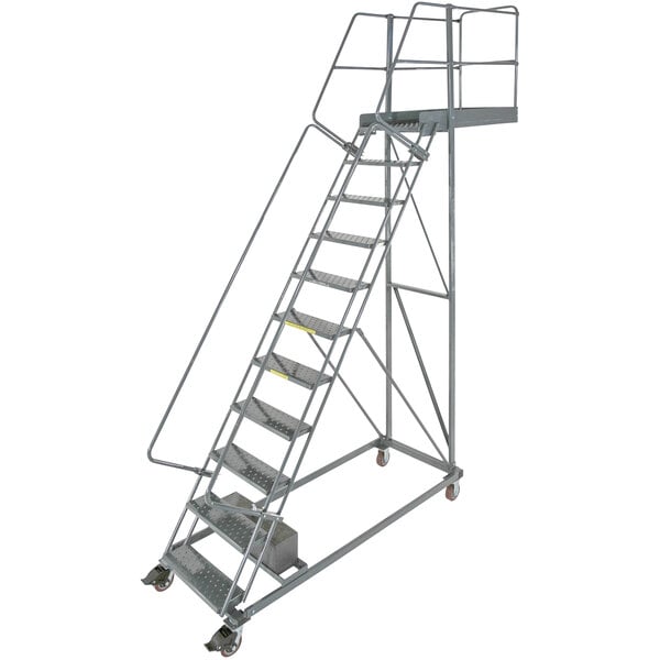 A Ballymore heavy-duty steel ladder with wheels.
