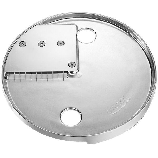 A stainless steel circular Waring Julienne disc with holes.