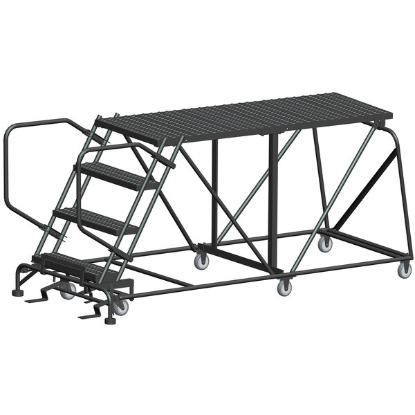 A black metal Ballymore mobile work platform ladder with wheels.