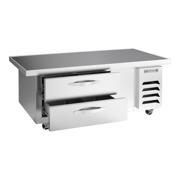 A stainless steel Beverage-Air chef base with two freezer drawers.