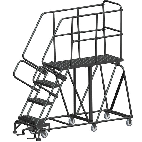 A black metal Ballymore mobile work platform ladder with steps and handrails.
