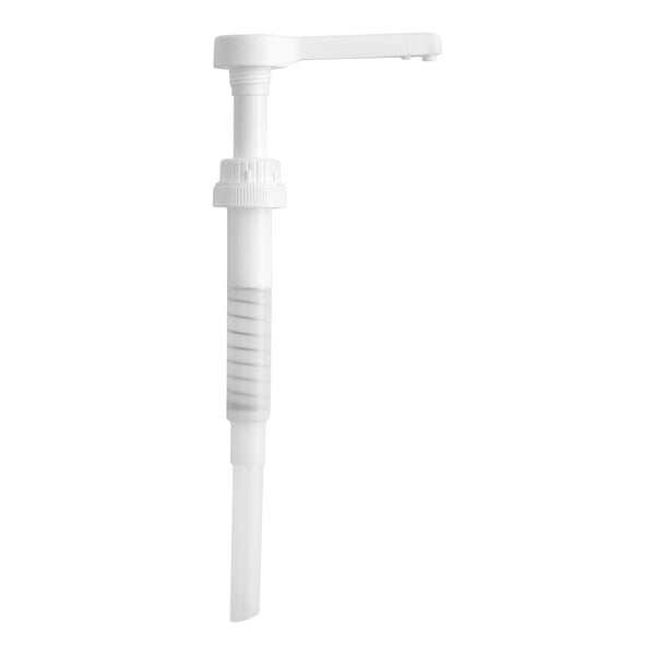 A white plastic flavoring sauce pump designed for 64 oz. bottles.