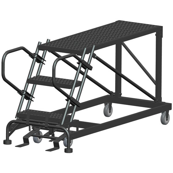 A black metal ladder on wheels.