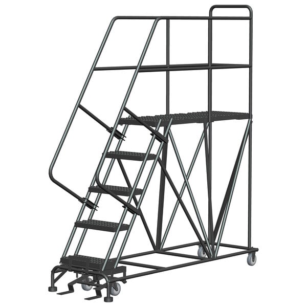 A black metal Ballymore mobile work platform ladder with handrails.