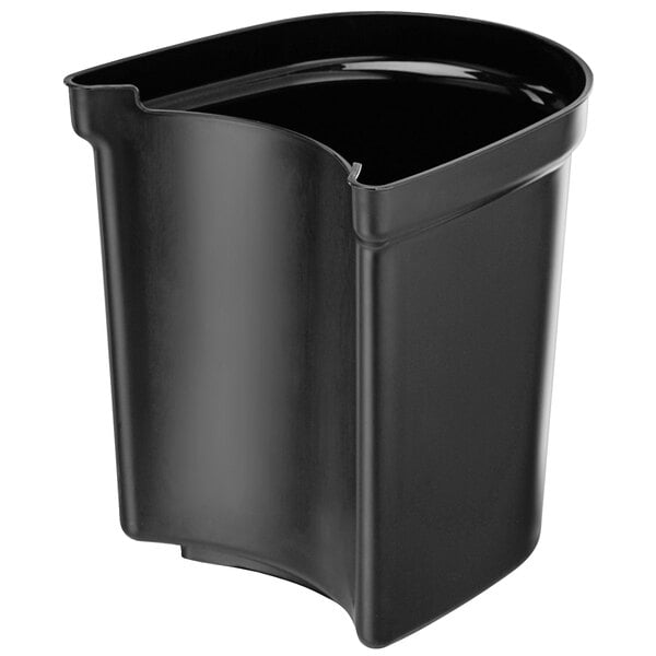 A black plastic pulp collector container with a curved edge and lid.