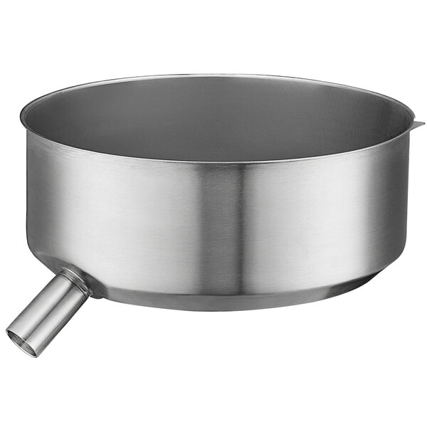 A stainless steel bowl with a handle.