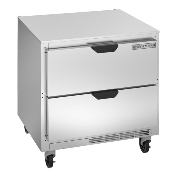 A silver Beverage-Air undercounter refrigerator with two drawers.