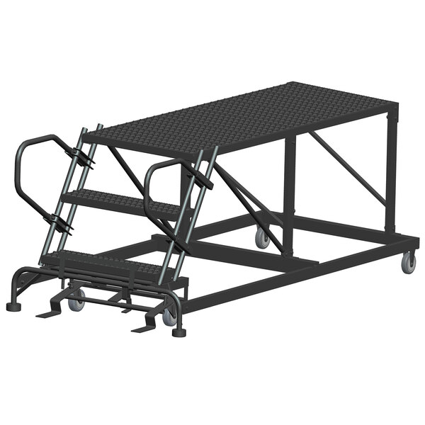 A black metal Ballymore work platform with wheels.