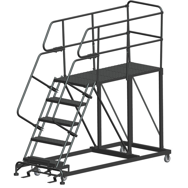 A black metal Ballymore mobile work platform ladder with metal railings and wheels.