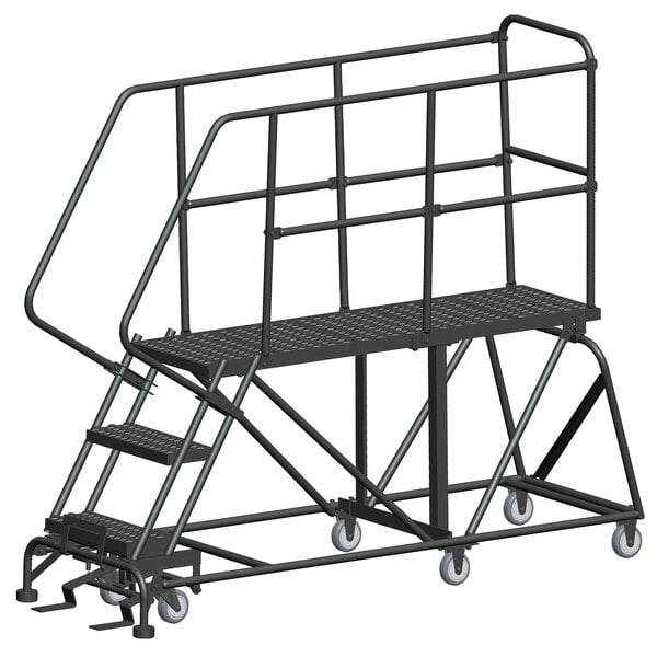 A black metal Ballymore mobile work platform ladder with wheels and handrails.