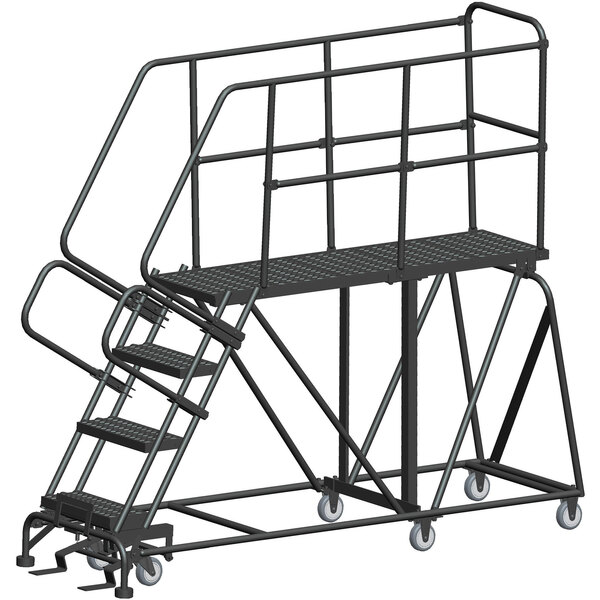A black metal Ballymore mobile work platform ladder with steps and handrails.
