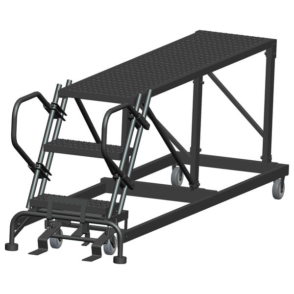 A black metal Ballymore mobile work platform ladder with wheels.