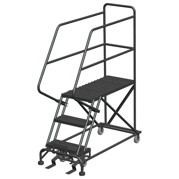 A black metal Ballymore work platform ladder with wheels and handrails.