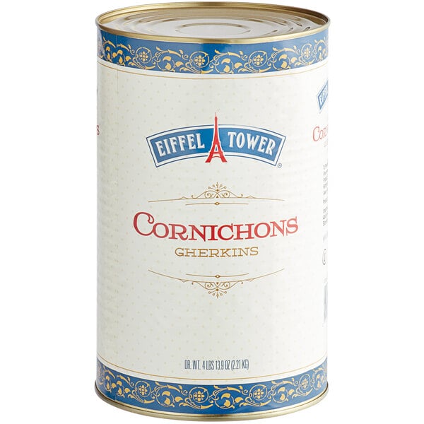 A white can of Eiffel Tower Whole Cornichon Gherkins with red and blue text.
