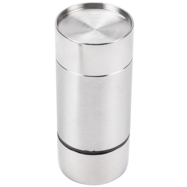 An American Metalcraft stainless steel salt and pepper shaker set in a silver cylinder with a black band.