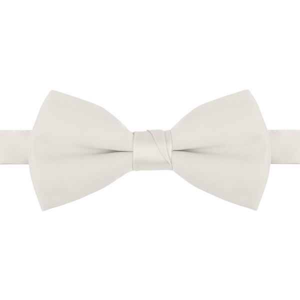 A close-up of a Henry Segal ivory poly-satin bow tie with an adjustable band.