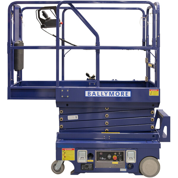 A blue Ballymore DMSL-10 scissor lift with a metal frame.