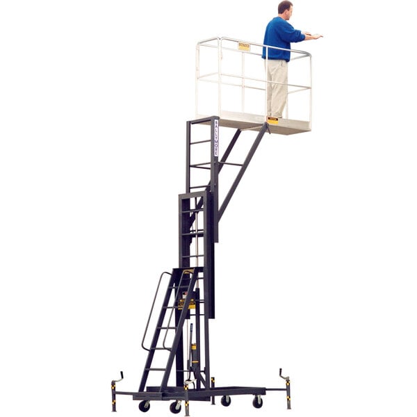 A man standing on a Ballymore maintenance lift platform with guard rails.