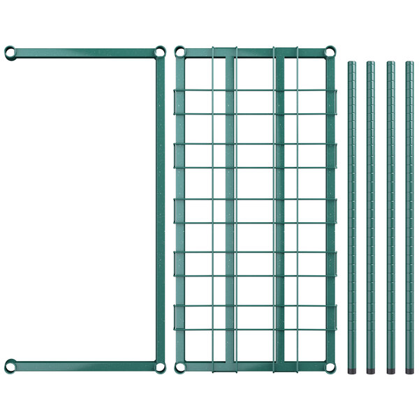 A green metal grid with several rods.