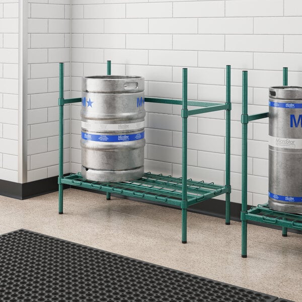 A metal rack holding two Regency beer kegs.