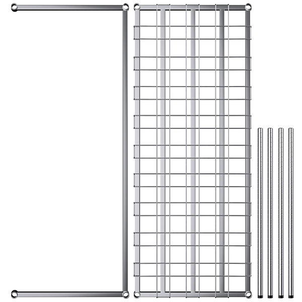 A chrome wire rack with four metal shelves and metal rods.