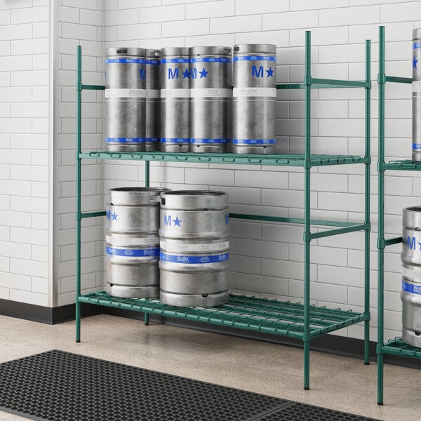 A Regency metal keg rack with kegs on it.