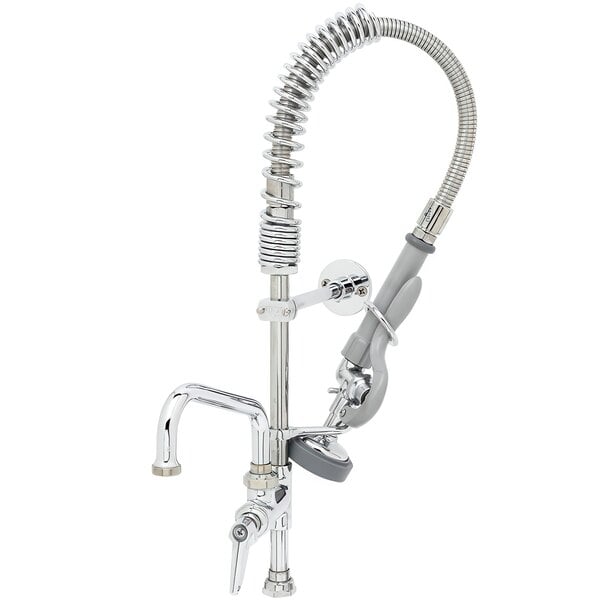 A T&S chrome pre-rinse faucet with hose and sprayer.