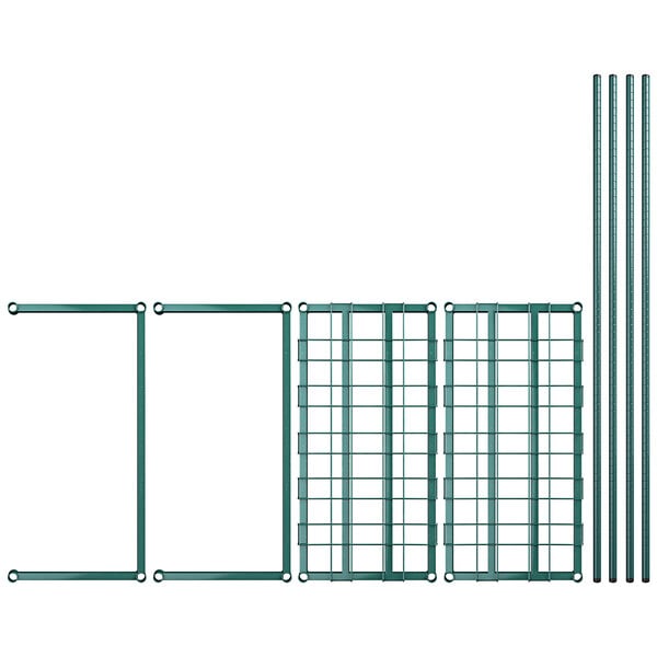 A close-up of a green metal frame with metal grid shelves and four metal bars.