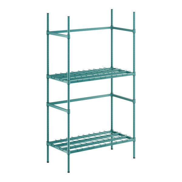 A green metal Regency keg rack with shelves.