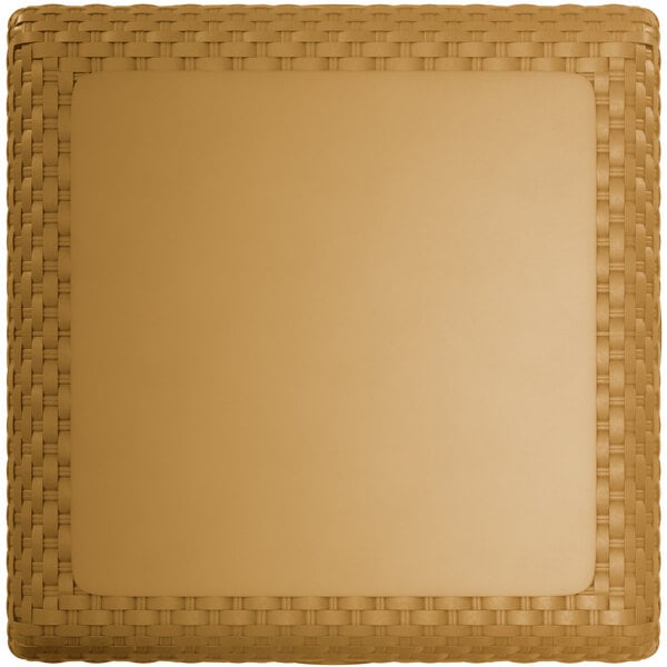 A square brown woven table top with a woven pattern.