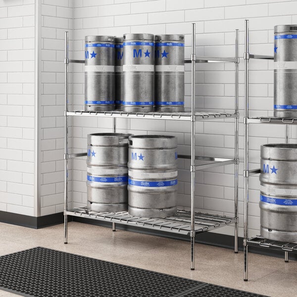 A Regency chrome metal shelf with kegs on it.