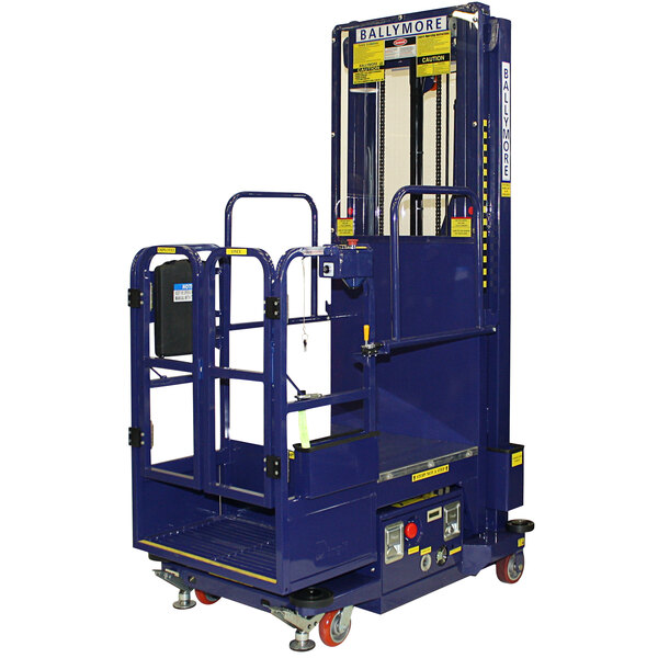 A blue Ballymore PS-12 battery-powered hydraulic lift cart with wheels.