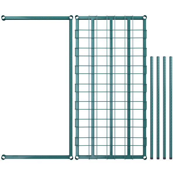 A green metal Regency wire keg rack with several rods.