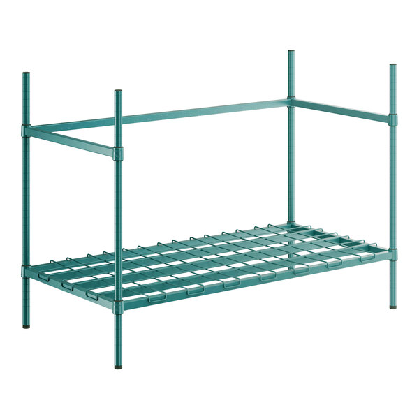 A Regency green epoxy wire keg rack with metal shelves and bars.