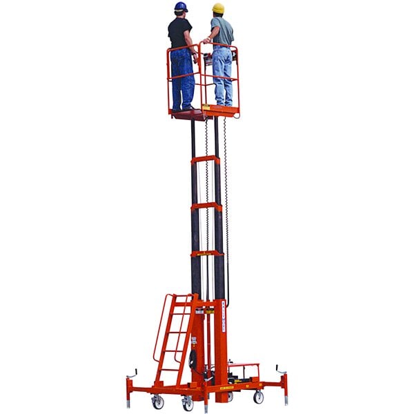 A Ballymore battery-powered hydraulic maintenance lift with two people standing on the platform.