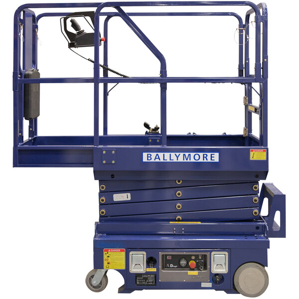 A Ballymore blue scissor lift with a metal frame and blue platform.