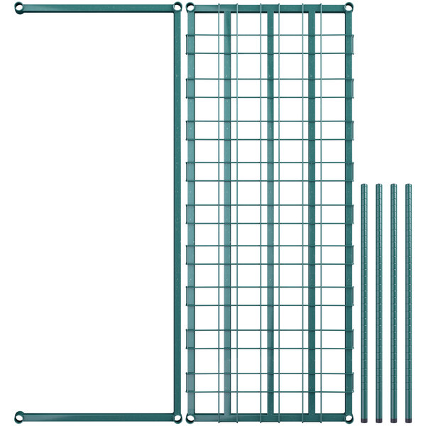 A green metal Regency wire rack with four shelves.