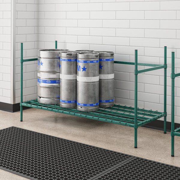 A Regency metal keg rack with barrels on it.