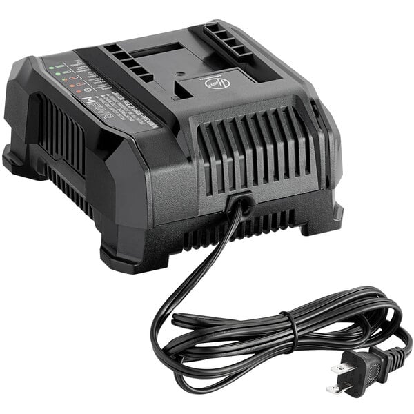 A black battery charger with a cord.