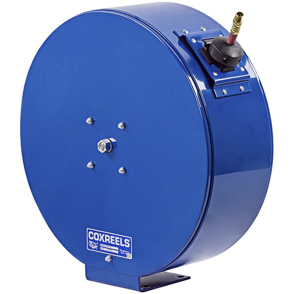 A blue Coxreels hose reel with a metal handle and a hose attached.