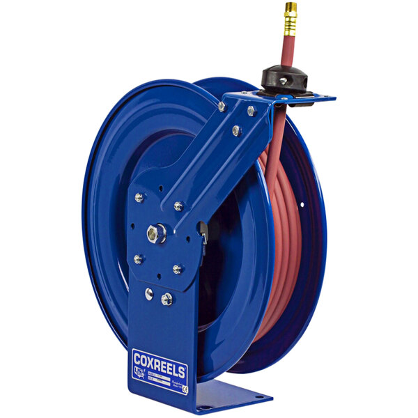 A blue Coxreels metal hose reel with a low pressure hose attached.