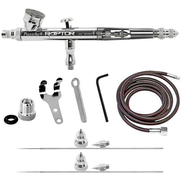 A close-up of a Paasche Raptor double action airbrush set.