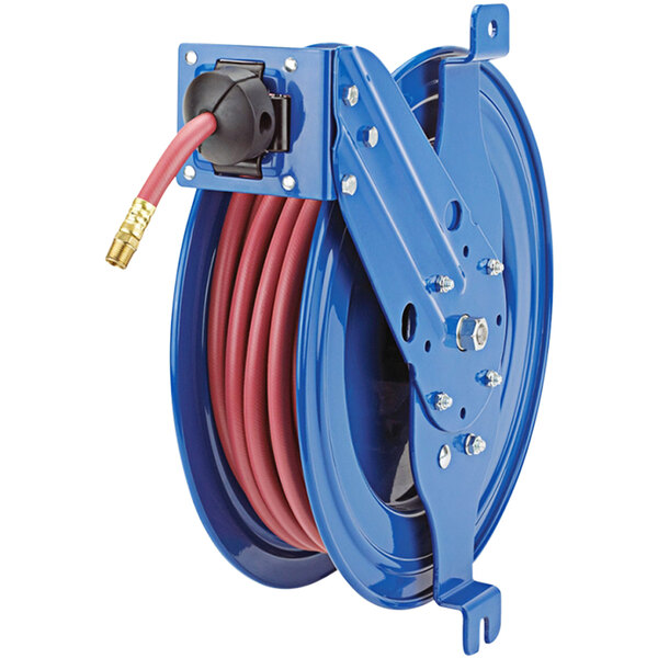 A blue Coxreels metal hose reel with a red hose attached.