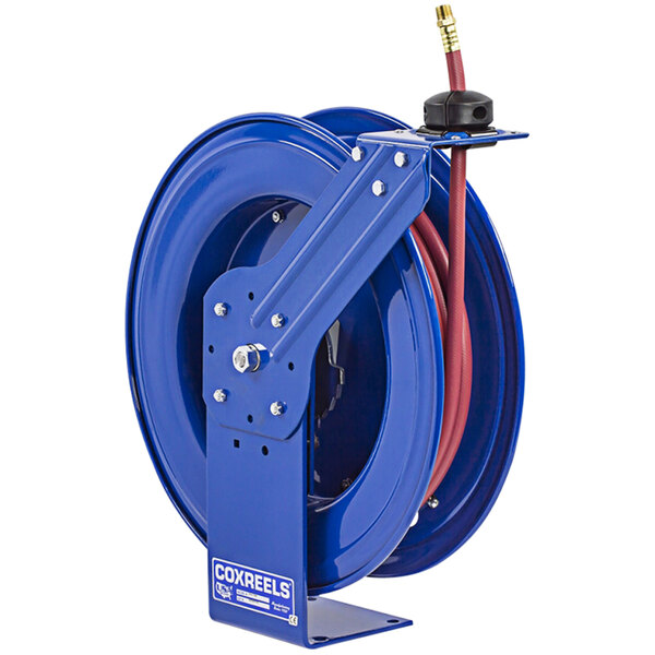 A blue metal Coxreels hose reel with a red hose attached.