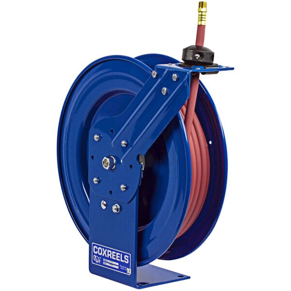 A blue Coxreels hose reel with a high pressure hose attached.