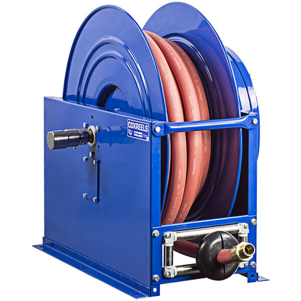 A blue Coxreels spring rewind hose reel with a low pressure hose attached.