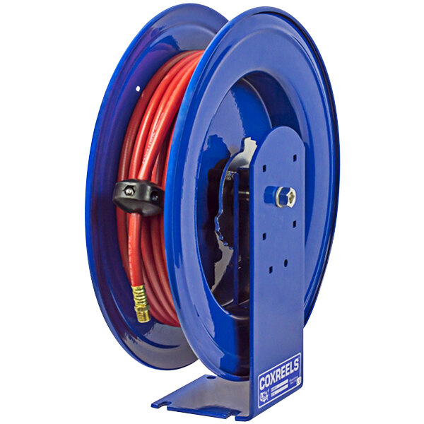 A blue Coxreels hose reel with a red hose attached.