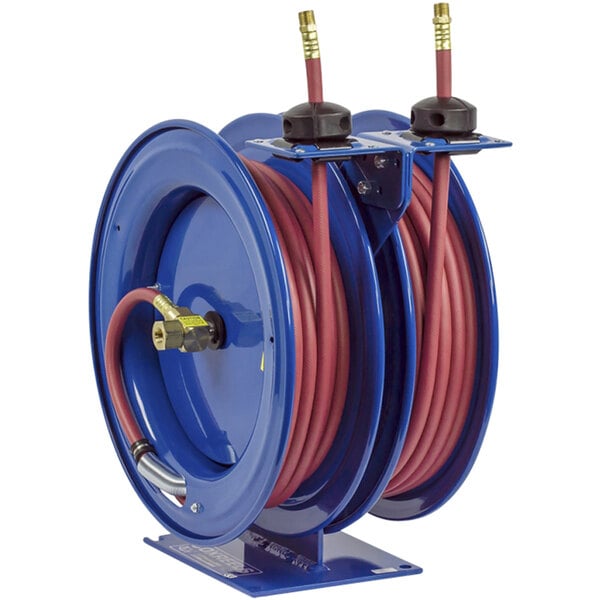 Coxreels Dual Purpose Spring Rewind Grease and Hydraulic Oil Hose Reel with  (2) High Pressure Hoses